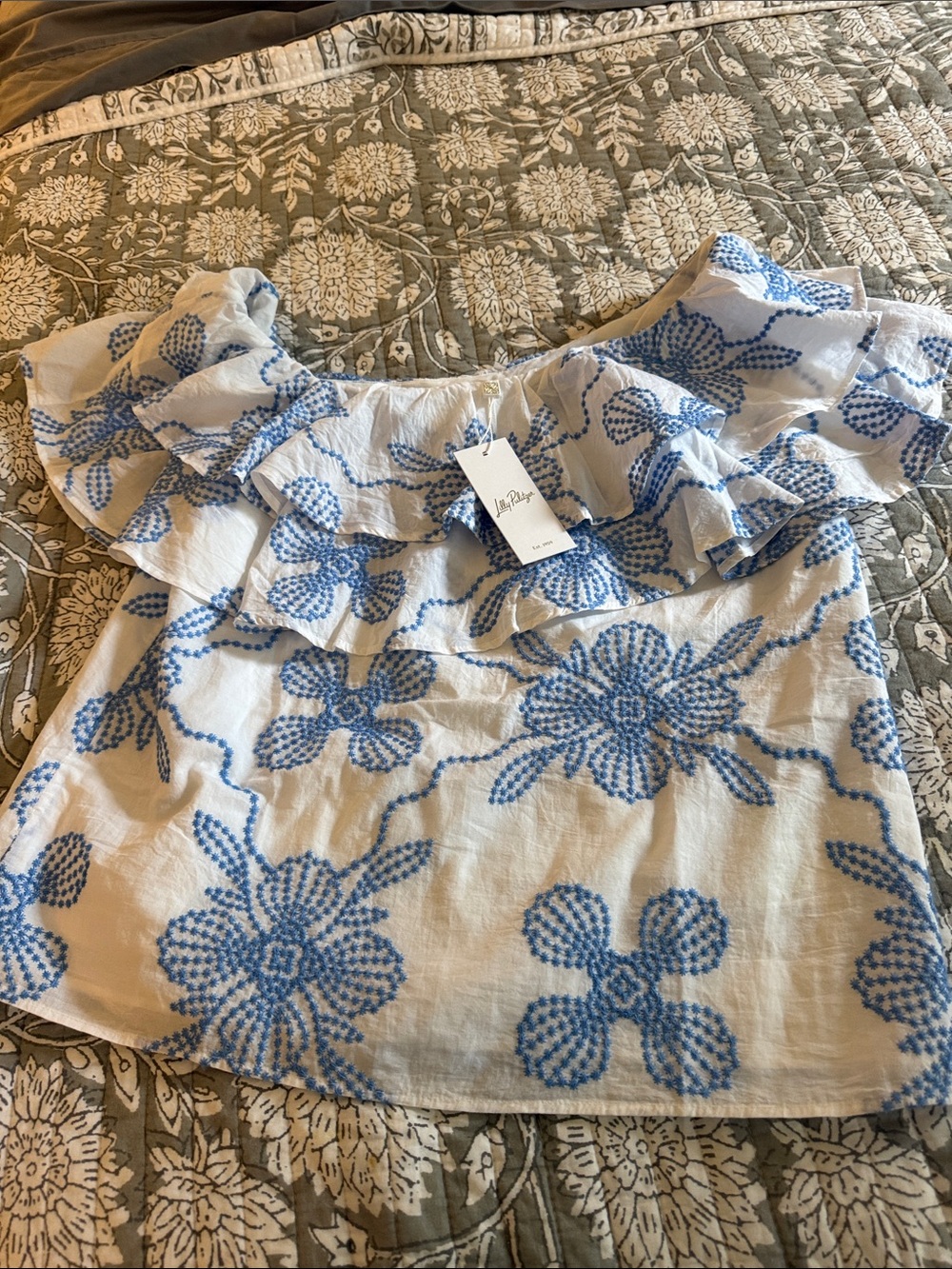 NWT Lilly Pulitzer One-Shoulder White Top with Blue Floral Embroidery
